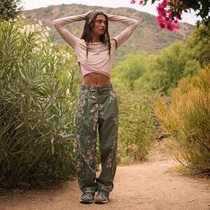 Free People Movement Mesmerize Me Printed Pants Green and Pink Floral Size Large